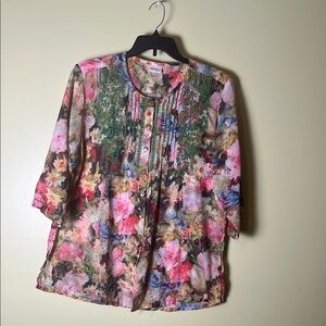 Christina Pink and Green Pleated Mandarin Collar embroidery mob wife Blouse